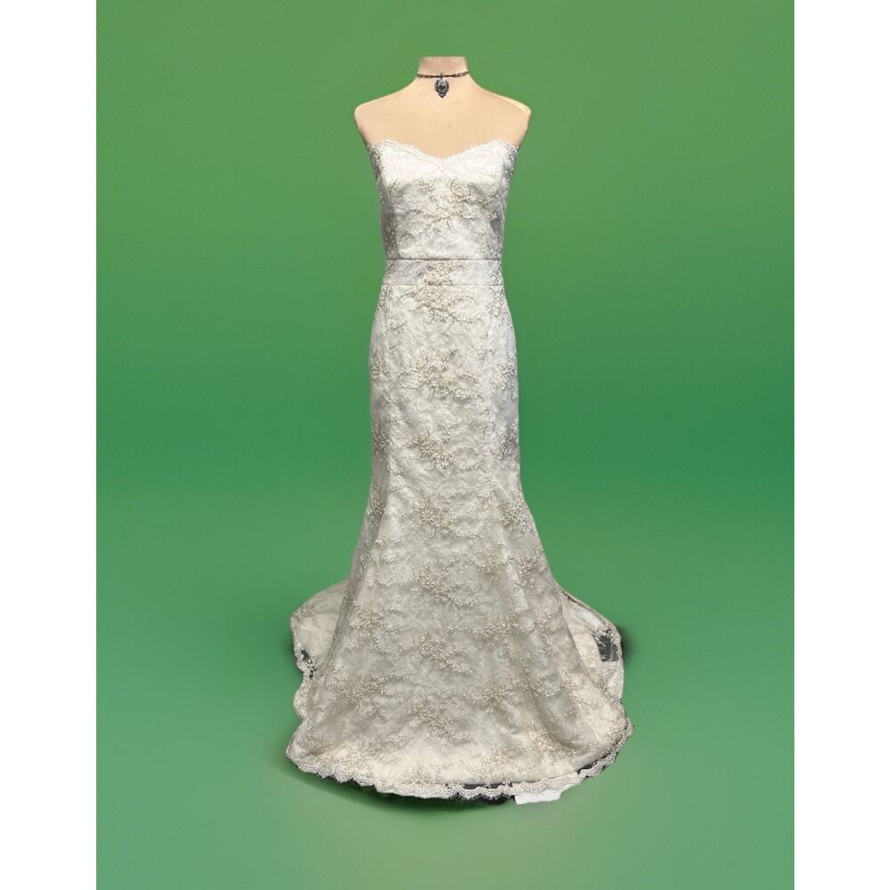 Wedding Dress gown Sz 14 Lace Beaded Overlay Ivory Mermaid Trumpet Slimming Boho